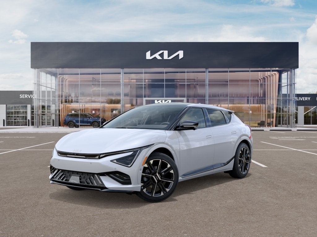 2026 Kia EV6 GT-Line in Glacial White Pearl — front three-quarter view