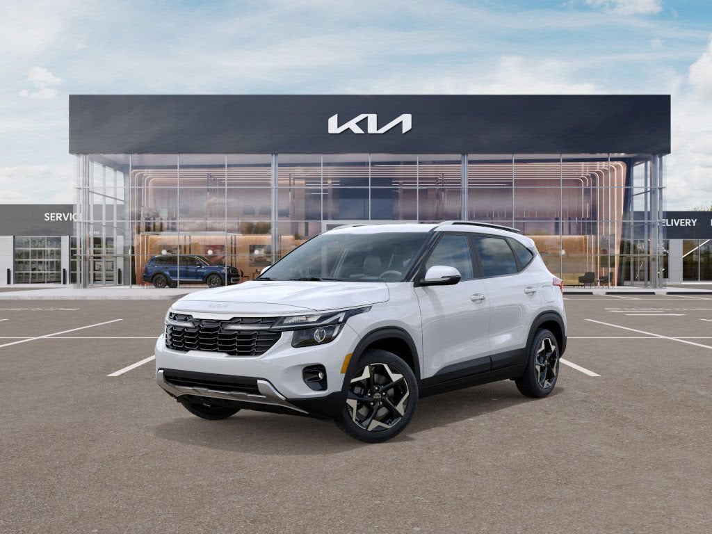 2026 Kia Seltos S in Snow White Pearl — front three-quarter view