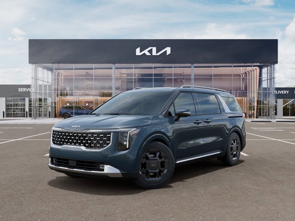 2026 Kia Carnival Hybrid SX in Astra Blue — front three-quarter view