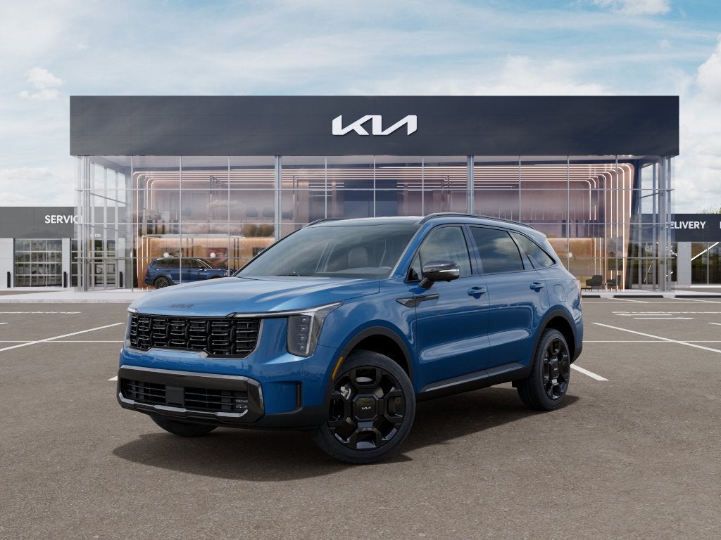 2026 Kia Sorento Hybrid X-Line SX Prestige in Mineral Blue — front three-quarter view